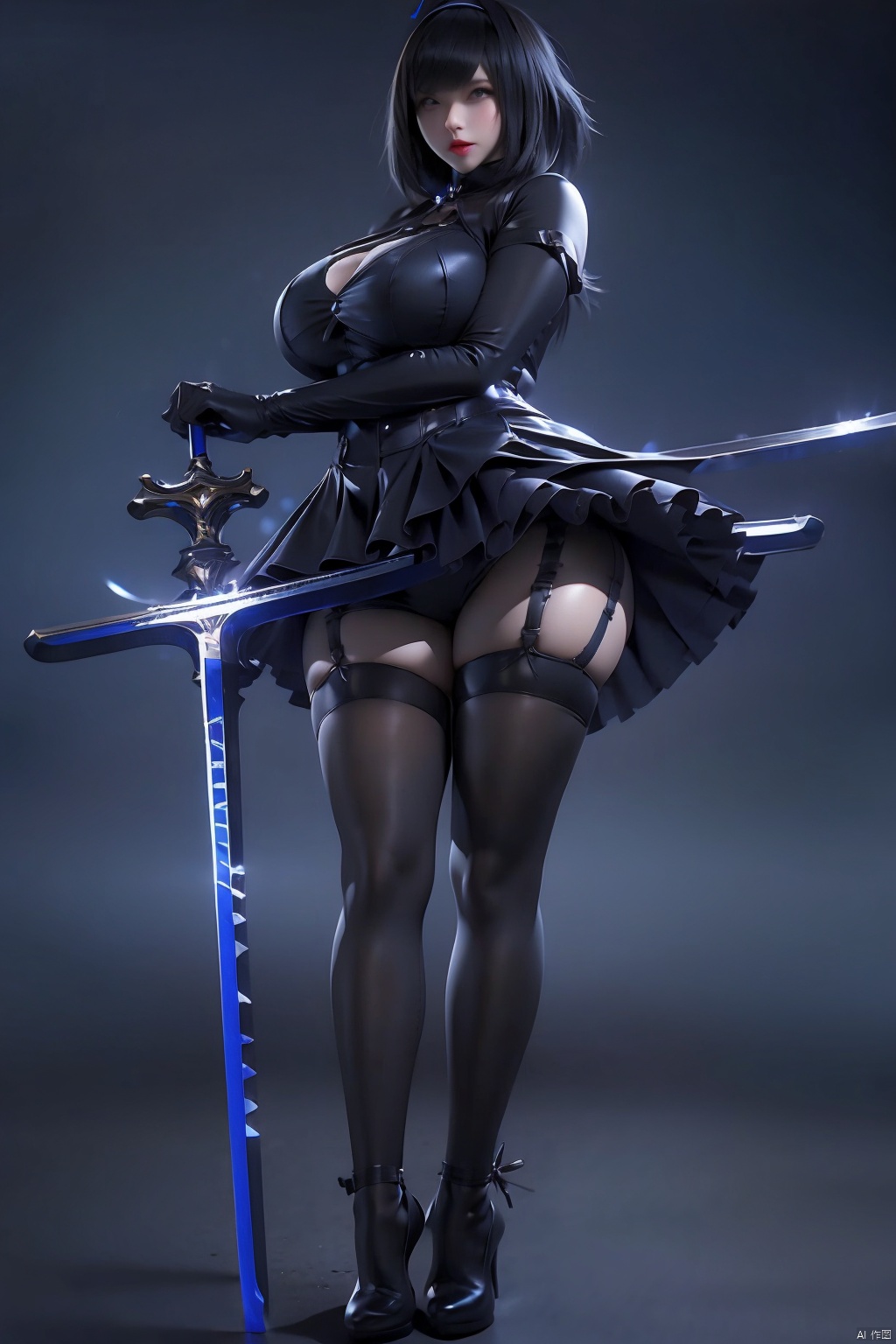 1girl solo breasts looking at viewer short hair bangs simple background black hair thighhighs gloves dress holding cleavage medium breasts closed mouth standing full body weapon short sleeves hairband frills black gloves elbow gloves puffy sleeves sword black thighhighs grey background black footwear holding weapon black dress puffy short sleeves lips clothing cutout blue dress chain garter straps holding sword short dress  cutout standing on one leg frilled dress huge weapon
