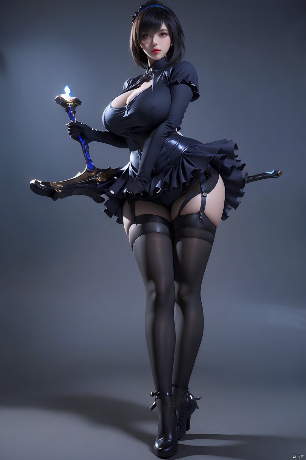 1girl solo breasts looking at viewer short hair bangs simple background black hair thighhighs gloves dress holding cleavage medium breasts closed mouth standing full body weapon short sleeves hairband frills black gloves elbow gloves puffy sleeves sword black thighhighs grey background black footwear holding weapon black dress puffy short sleeves lips clothing cutout blue dress chain garter straps holding sword short dress  cutout standing on one leg frilled dress huge weapon
