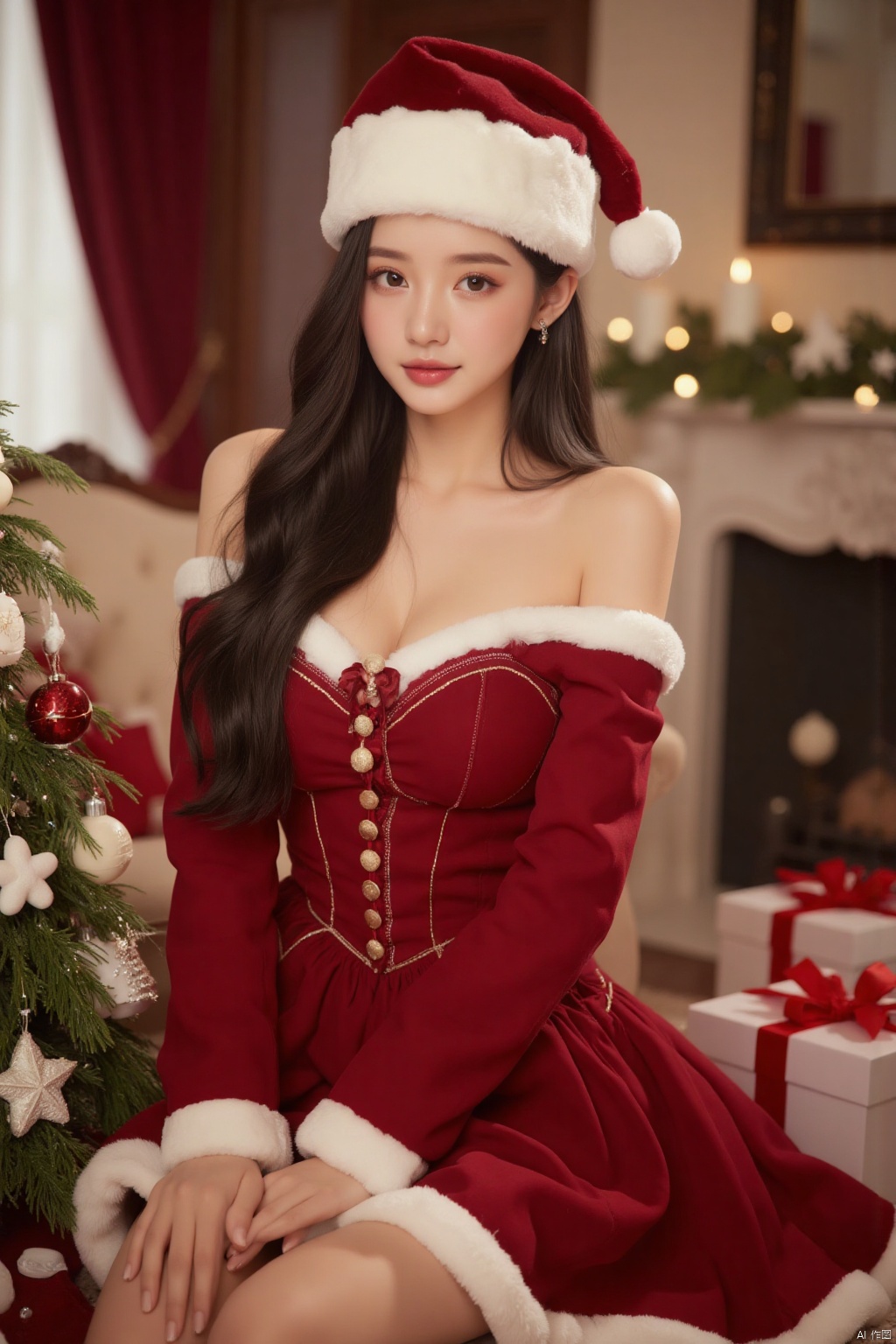 (Realistic photo), 1girl, long hair, fair skin, big breasts, Christmas hat, off-shoulder Christmas dress, upper body, luxury living room, Christmas tree, Christmas gift, Christmas,