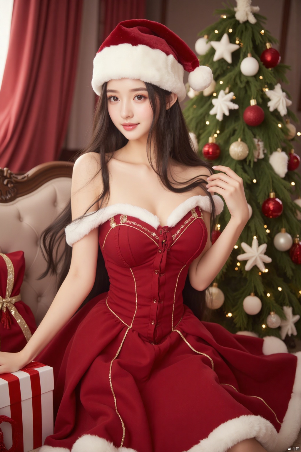 (Realistic photo), 1girl, long hair, fair skin, big breasts, Christmas hat, off-shoulder Christmas dress, upper body, luxury living room, Christmas tree, Christmas gift, Christmas,
