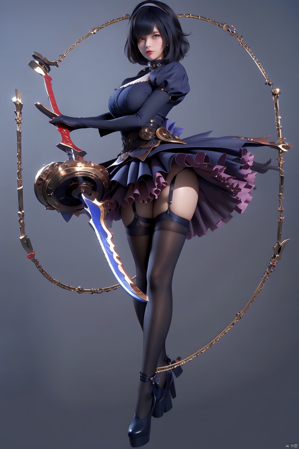 1girl solo  looking at viewer short hair bangs simple background black hair thighhighs gloves dress holding  closed mouth standing full body weapon short sleeves hairband frills black gloves elbow gloves puffy sleeves sword black thighhighs grey background black footwear holding weapon black dress puffy short sleeves lips clothing cutout blue dress chain garter straps holding sword short dress  cutout standing on one leg frilled dress huge weapon