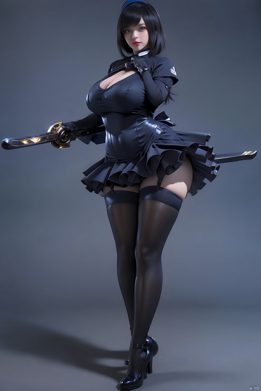 1girl solo breasts looking at viewer short hair bangs simple background black hair thighhighs gloves dress holding cleavage medium breasts closed mouth standing full body weapon short sleeves hairband frills black gloves elbow gloves puffy sleeves sword black thighhighs grey background black footwear holding weapon black dress puffy short sleeves lips clothing cutout blue dress chain garter straps holding sword short dress  cutout standing on one leg frilled dress huge weapon
