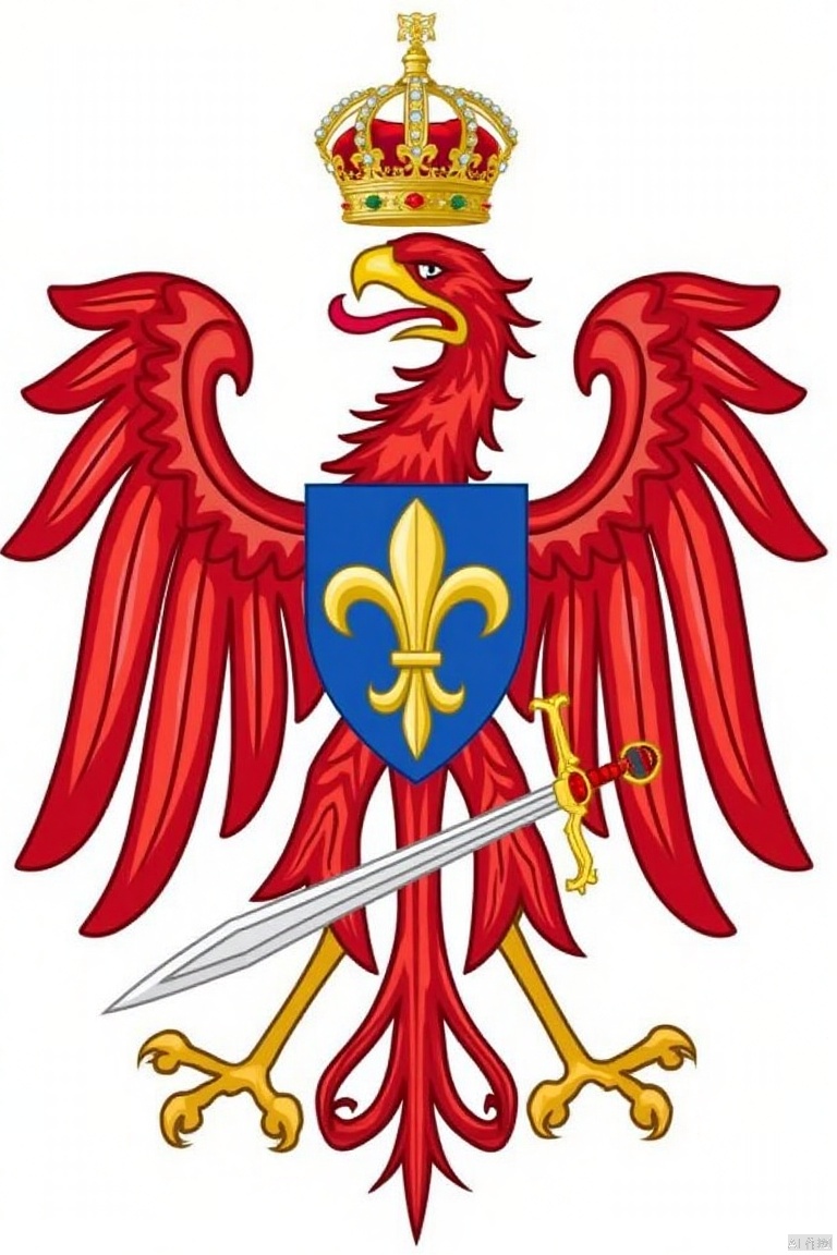 shield is adorned ,Medieval Family Emblem,A detailed cartoon drawing of a red eagle with a crown on its head. The eagle is facing to the left and is holding a sword in its right hand. The sword is in the center of the crest. The crest is a royal blue shield with a gold emblem in the middle of it. The wings of the eagle are a vibrant red and the crown is a gold color. The background is a solid white.