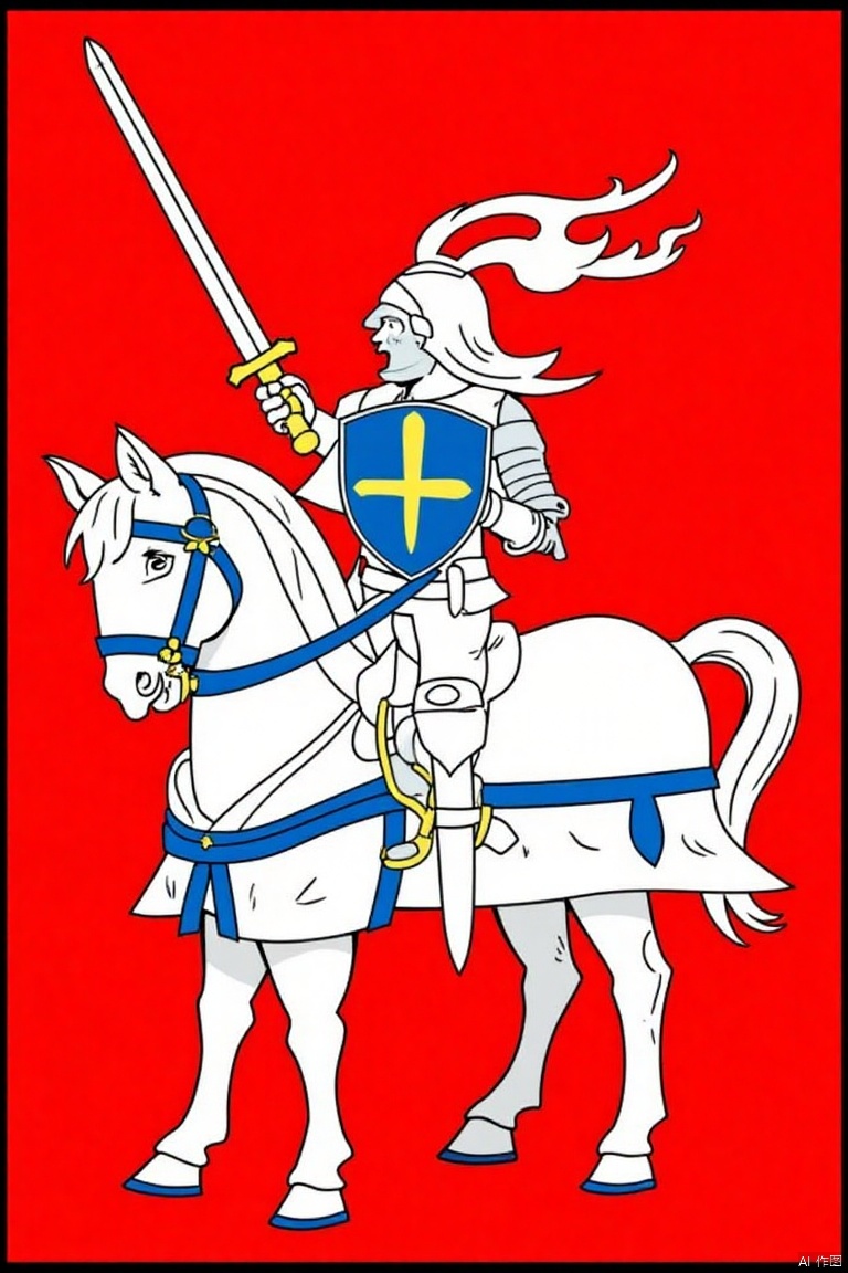 A detailed cartoon image of a white knight on a white horse. The knight is holding a sword in his right hand and a shield in his left hand. The shield is blue with a yellow cross on it. The horse is adorned with a blue bridle and a yellow star on its tail. The background is a vibrant red with a black border.