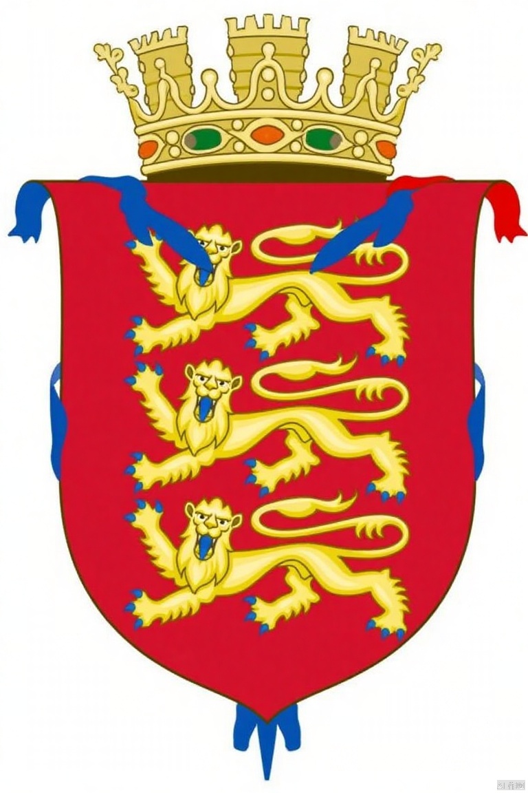 shield is adorned ,Medieval Family Emblem,a vibrant red crest is adorned with two lions, each with a blue ribbon around their necks. The lions are adorned with yellow flames and blue accents, adding a pop of color to the otherwise monochromatic image. The crest is encircled by a blue border, creating a striking contrast to the red background. The lion's eyes are open, as if they are squinting at something, while the lion's mouth is slightly open.