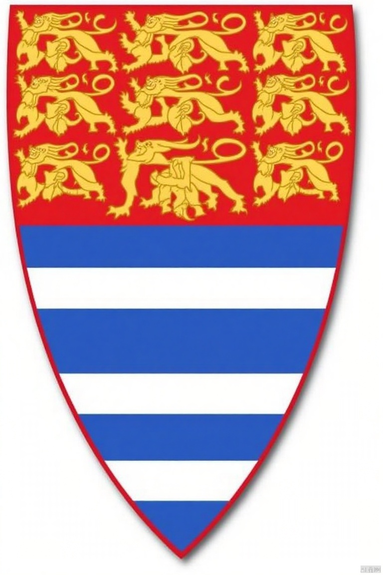 Captured from a low-angle perspective on a white backdrop, a red and blue shield is adorned with a pattern of yellow fleur de lis. The shield is divided into four sections, each with a red border. The top section has a horizontal striped pattern, while the bottom section has horizontal stripes. The middle section is a solid solid solid blue, with a solid white strip running through it. The bottom section is solid blue with a diagonal stripe running through the middle section.