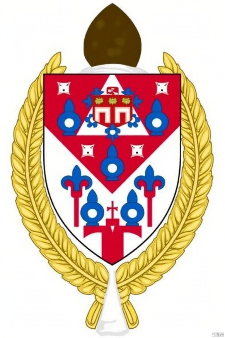 shield is adorned ,Medieval Family Emblem,a vibrant red and white crest is adorned with six blue domes, each with six white dots arranged in a circular pattern. The crest is encircled by a series of small yellow buildings. The background is a solid white, creating a stark contrast to the crest. The top of the crest is a dark brown, adding a pop of color to the image.