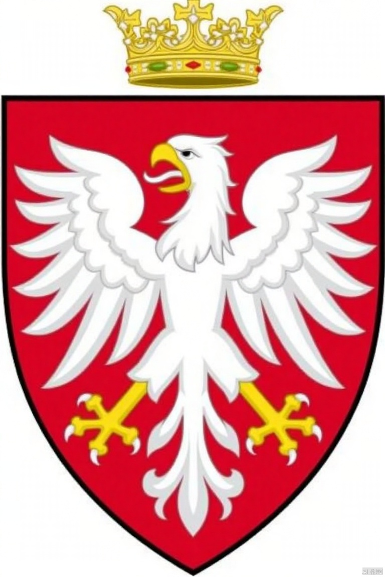 shield is adorned ,Medieval Family Emblem,An animated image of a white eagle with a golden crown on its head. The eagle is facing to the left and has its wings spread out. The wings are white and the eagle has a yellow beak and yellow feet. The background of the eagle is red and there is a black border around the eagle.