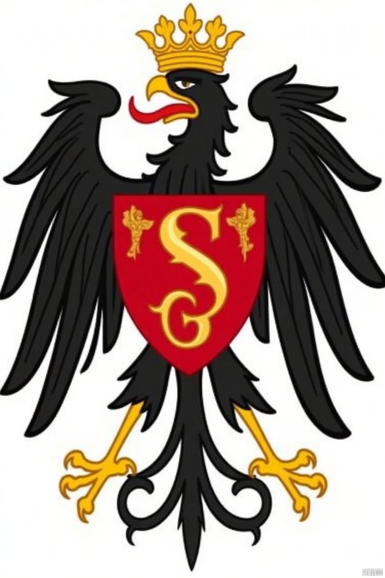 shield is adorned ,Medieval Family Emblem,A detailed cartoon drawing of a black eagle with its wings spread wide. The eagle's head is adorned with a yellow crown and a red shield with a large yellow letter "S" in the center. Its wings are spread out in a circular pattern, adding a pop of color to the drawing. The background is a stark white, making the eagle and the shield stand out against the white background.