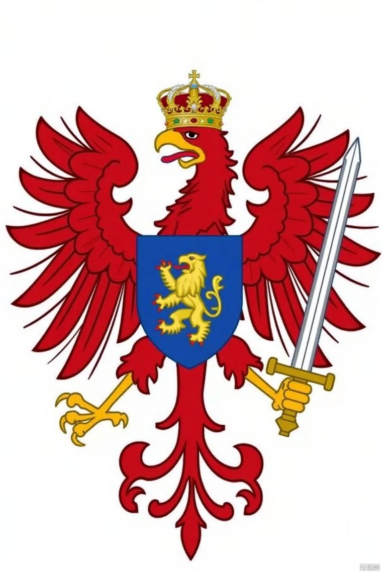 shield is adorned ,Medieval Family Emblem,A detailed cartoon drawing of a red eagle with a crown on its head. The eagle is facing to the left and is holding a sword in its right hand. The sword is in the center of the crest. The crest is a royal blue shield with a gold emblem in the middle of it. The wings of the eagle are a vibrant red and the crown is a gold color. The background is a solid white.