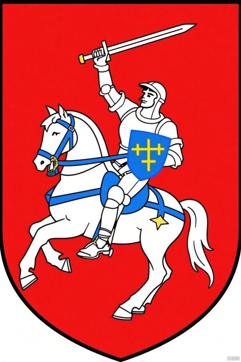 shield is adorned ,Medieval Family Emblem,A detailed cartoon image of a white knight on a white horse. The knight is holding a sword in his right hand and a shield in his left hand. The shield is blue with a yellow cross on it. The horse is adorned with a blue bridle and a yellow star on its tail. The background is a vibrant red with a black border.