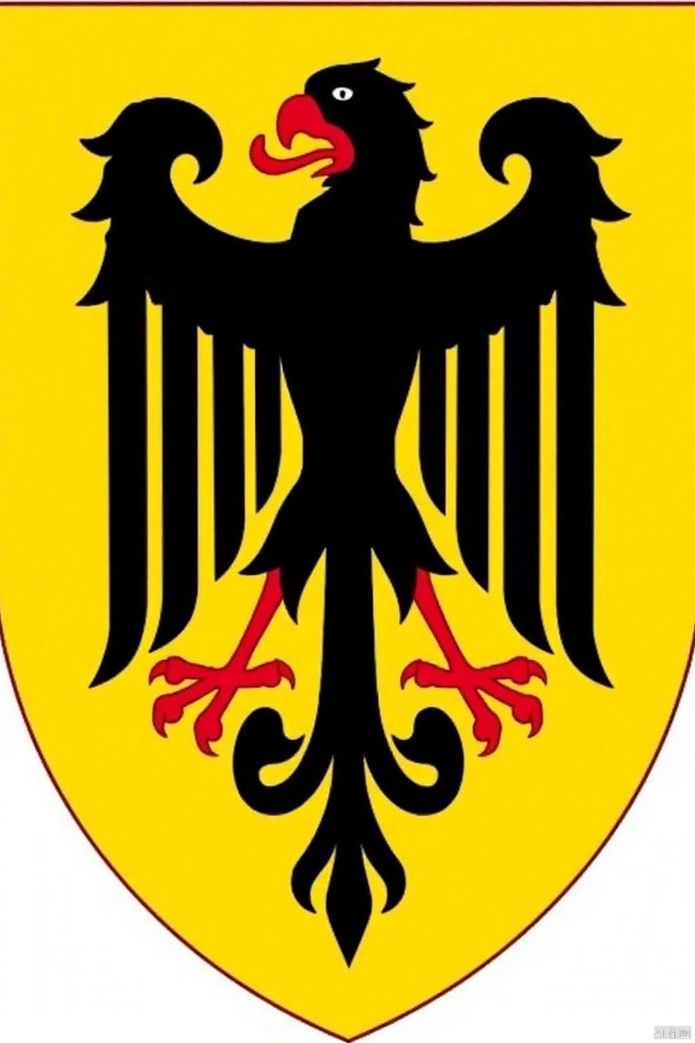 shield is adorned ,Medieval Family Emblem,a vibrant yellow shield features a black silhouette of a black eagle with a red beak. The eagle's wings are spread wide, adding a pop of color to the otherwise monochromatic image. The silhouette of the eagle's head is centered on the shield, which is adorned with a black design that adds a touch of contrast to the yellow background.