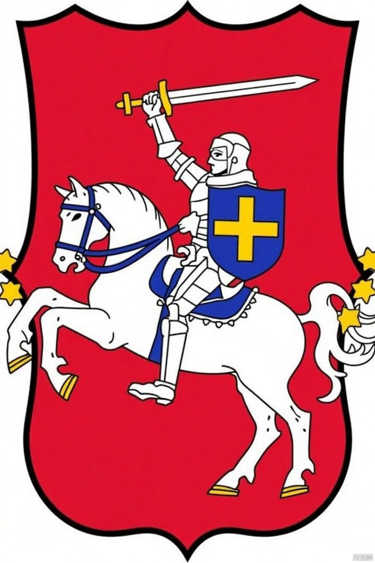Medieval Family Emblem,A detailed cartoon image of a white knight on a white horse. The knight is holding a sword in his right hand and a shield in his left hand. The shield is blue with a yellow cross on it. The horse is adorned with a blue bridle and a yellow star on its tail. The background is a vibrant red with a black border.,Medieval Family Emblem