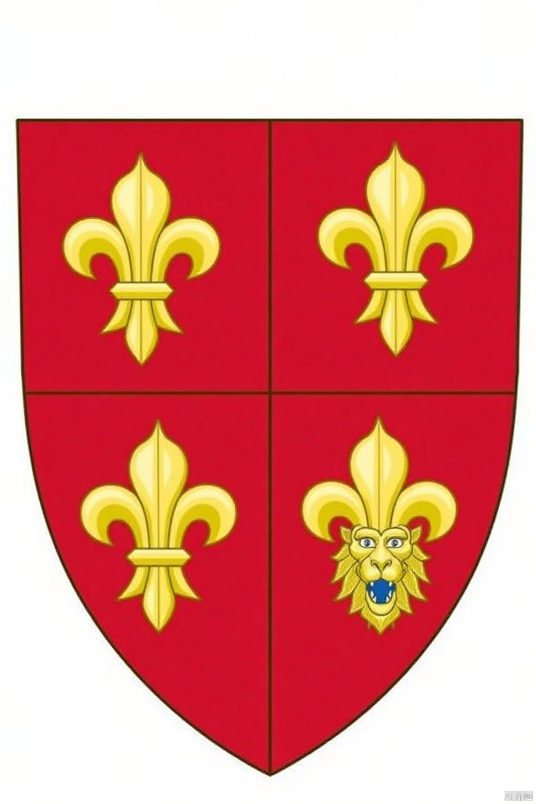 shield is adorned ,Medieval Family Emblem,a detailed coat of arms is displayed against a stark white backdrop. The arms are divided into four squares, each with a red background and a gold fleur de lis in the upper left corner. Each square is adorned with a golden lion's head, adorned with blue eyes and a blue tie. The lion's mouth is open, while the lion's eyes are closed, adding a touch of warmth to the scene.