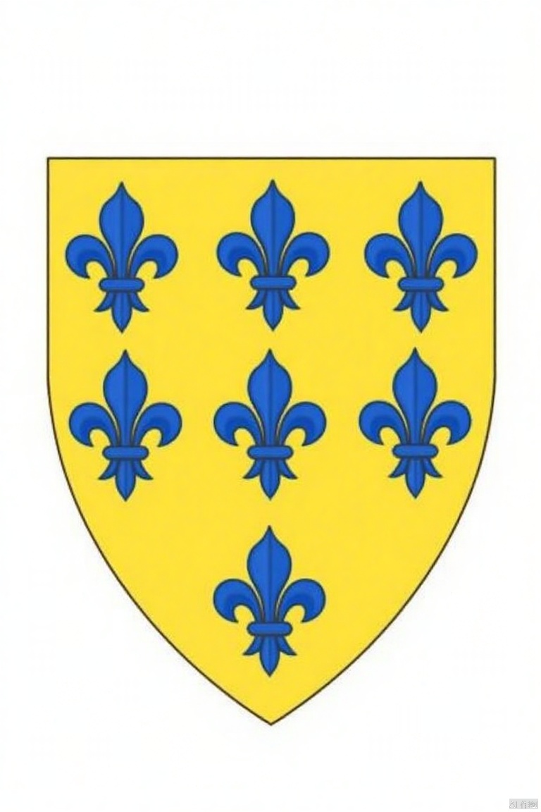 shield is adorned ,Medieval Family Emblem,a vibrant yellow shield is adorned with five blue fleur de lis symbols. The shield is set against a stark white backdrop, creating a striking contrast to the vibrant yellow of the shield. The fleur-de-lis symbols are adorned with a blue ribbon, adding a pop of color to the image.