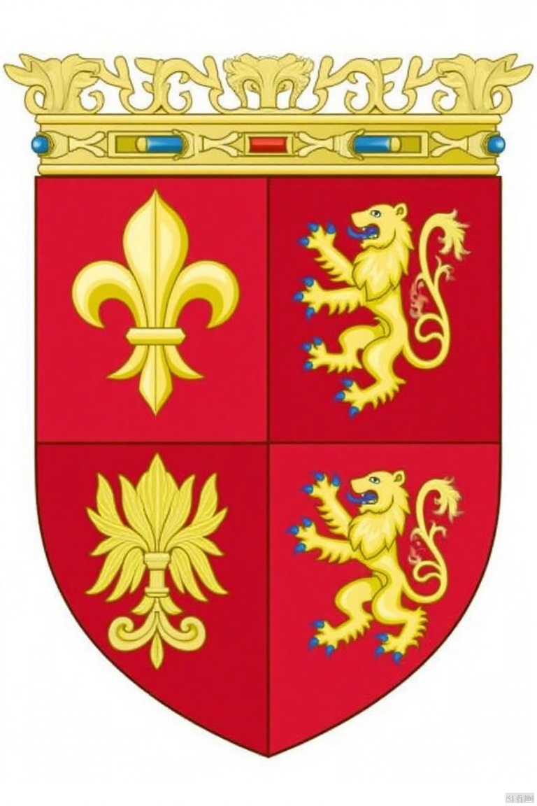 shield is adorned ,Medieval Family Emblem,a detailed coat of arms is displayed against a stark white backdrop. The arms are divided into four squares, each with a red background and a gold fleur de lis in the upper left corner. Each square is adorned with a golden lion's head, adorned with blue eyes and a blue tie. The lion's mouth is open, while the lion's eyes are closed, adding a touch of warmth to the scene.