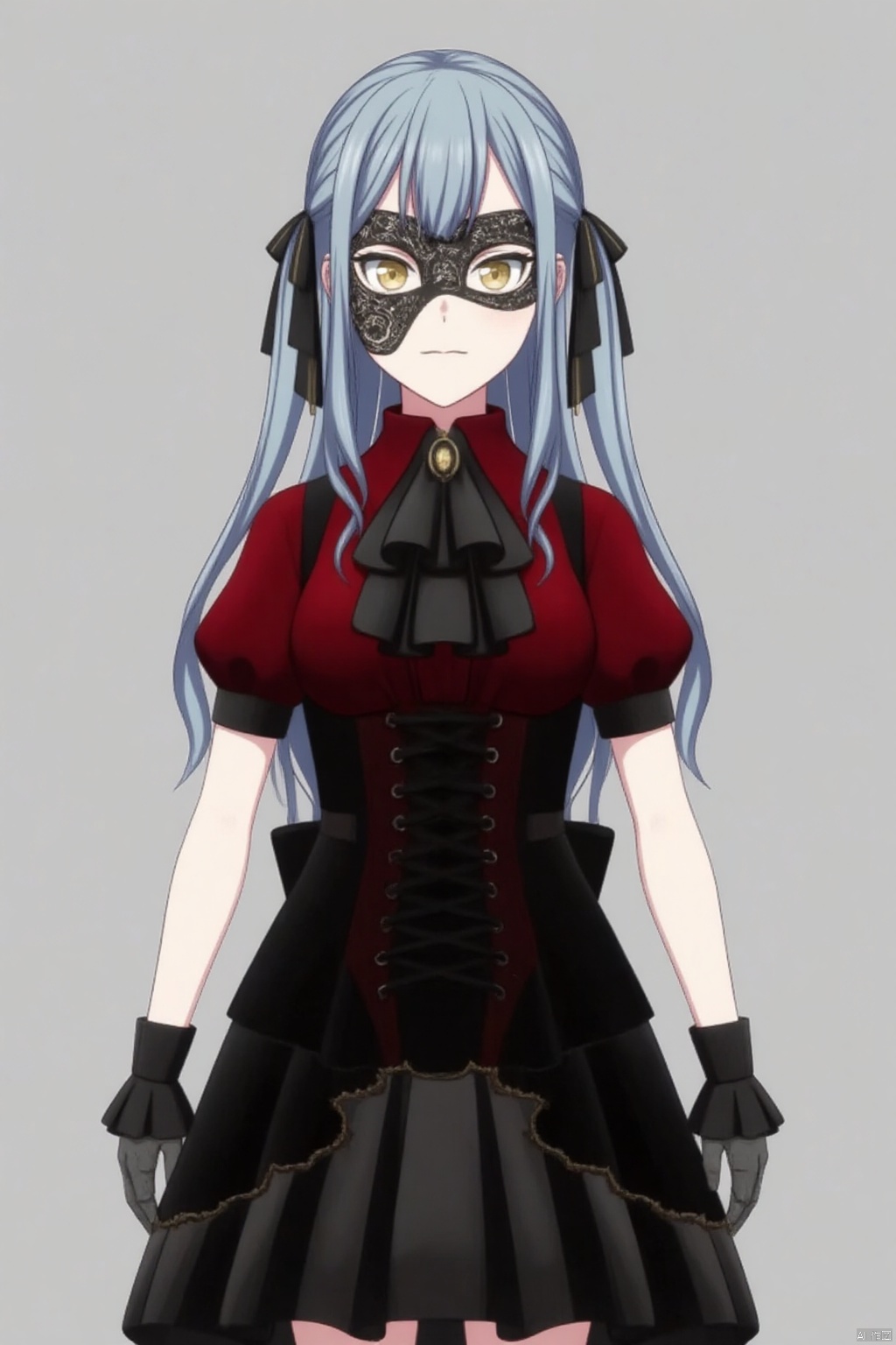 (grey background:1.2),looking at viewer,(SOLO:1.4),outline,simple background,full body,looking at viewer,(((arms at side))),togawa sakiko,black_mask,long hair,bangs,ribbon,hair ribbon,black ribbon,two side up,blue hair,grey hair,sidelocks,blunt bangs,yellow eyes
short sleeves, black gloves,red collared shirt,puffy sleeves, jewelry,black dress,layered skirt, black_mask,puffy short sleeves,black ascot,gold_trim
