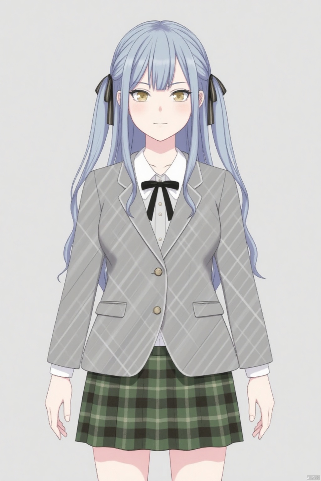 (grey background:1.2),looking at viewer,(SOLO:1.4),outline,simple background,full body,looking at viewer,(((arms at side))),togawa sakiko,long hair,bangs,ribbon,hair ribbon,black ribbon,two side up,blue hair,grey hair,sidelocks,blunt bangs,yellow eyes
skirt,shirt,long sleeves,school uniform,jacket,pleated skirt,necktie,shoes,black footwear, kneehighs,plaid skirt,green skirt,black socks,loafers, grey jacket
