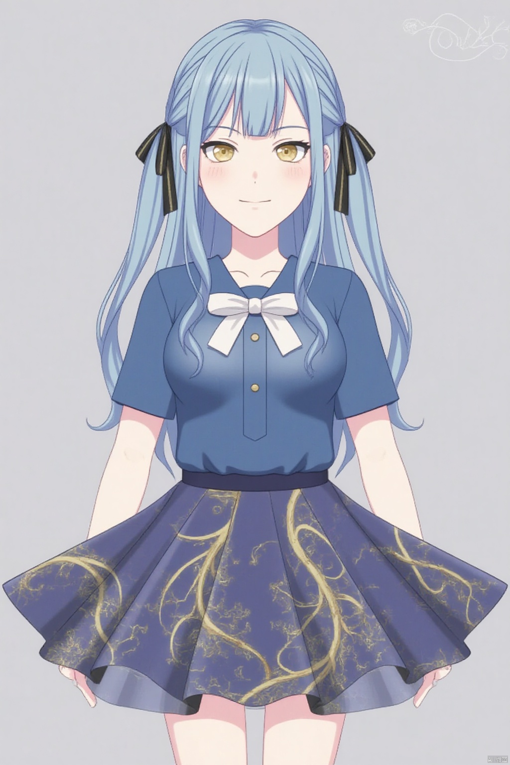 (grey background:1.2),looking at viewer,(SOLO:1.4),outline,simple background,full body,looking at viewer,(((arms at side))),togawa sakiko,long hair,bangs,ribbon,hair ribbon,black ribbon,two side up,blue hair,grey hair,sidelocks,blunt bangs,yellow eyes

