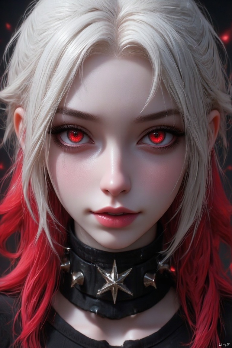 Masterpiece, best quality, amazing quality, very aesthetic, latest, high resolution, 8k, ((perfect_eye)), 1 girl, solo, ((white hair)), (strong red eye), close face, (fangs), (20 years old), (a girl), looking at the audience, enlarged eyes, two-tone red dyed hair, Large spiky collar, realistic, figure representation, (face only), (upper body), detailed eyes