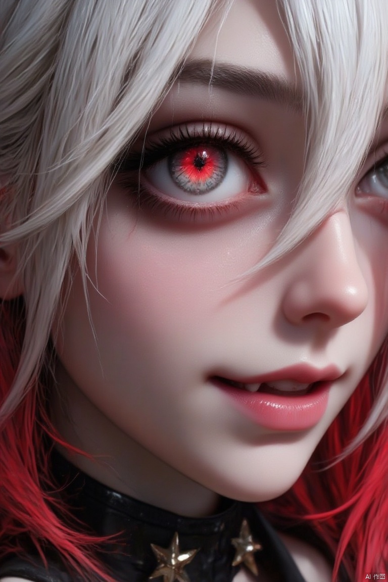 Masterpiece, best quality, amazing quality, very aesthetic, latest, high resolution, 8k, ((perfect_eye)), 1 girl, solo, ((white hair)), (strong red eye), close face, (fangs), (20 years old), (a girl), looking at the audience, enlarged eyes, two-tone red dyed hair, Large spiky collar, realistic, figure representation, (face only), (upper body), detailed eyes