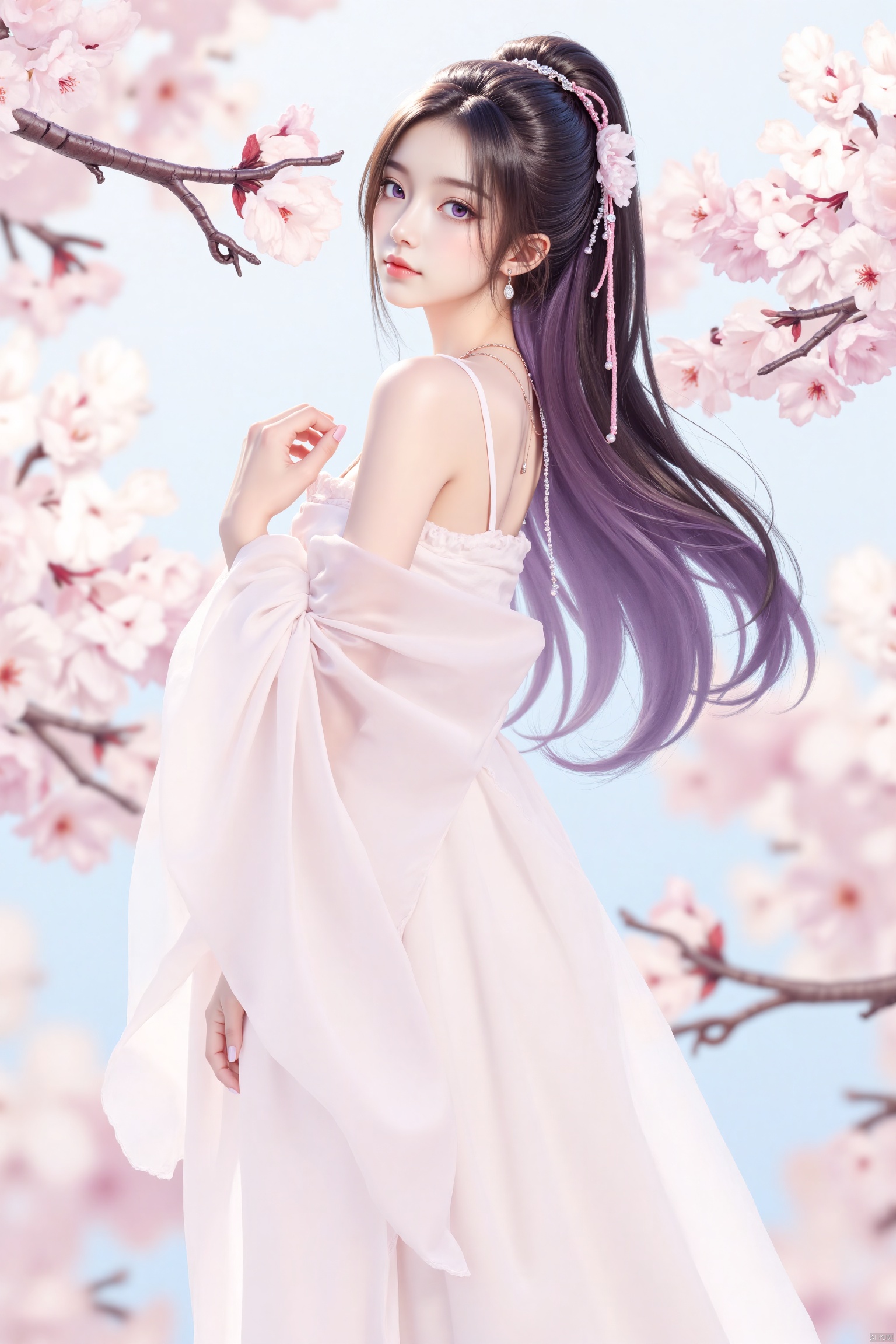 1girl, solo, long hair, looking at viewer, black hair, hair ornament, dress, jewelry, purple eyes, upper body, purple hair, flower, earrings, necklace, white dress, from side, cherry blossoms, branch