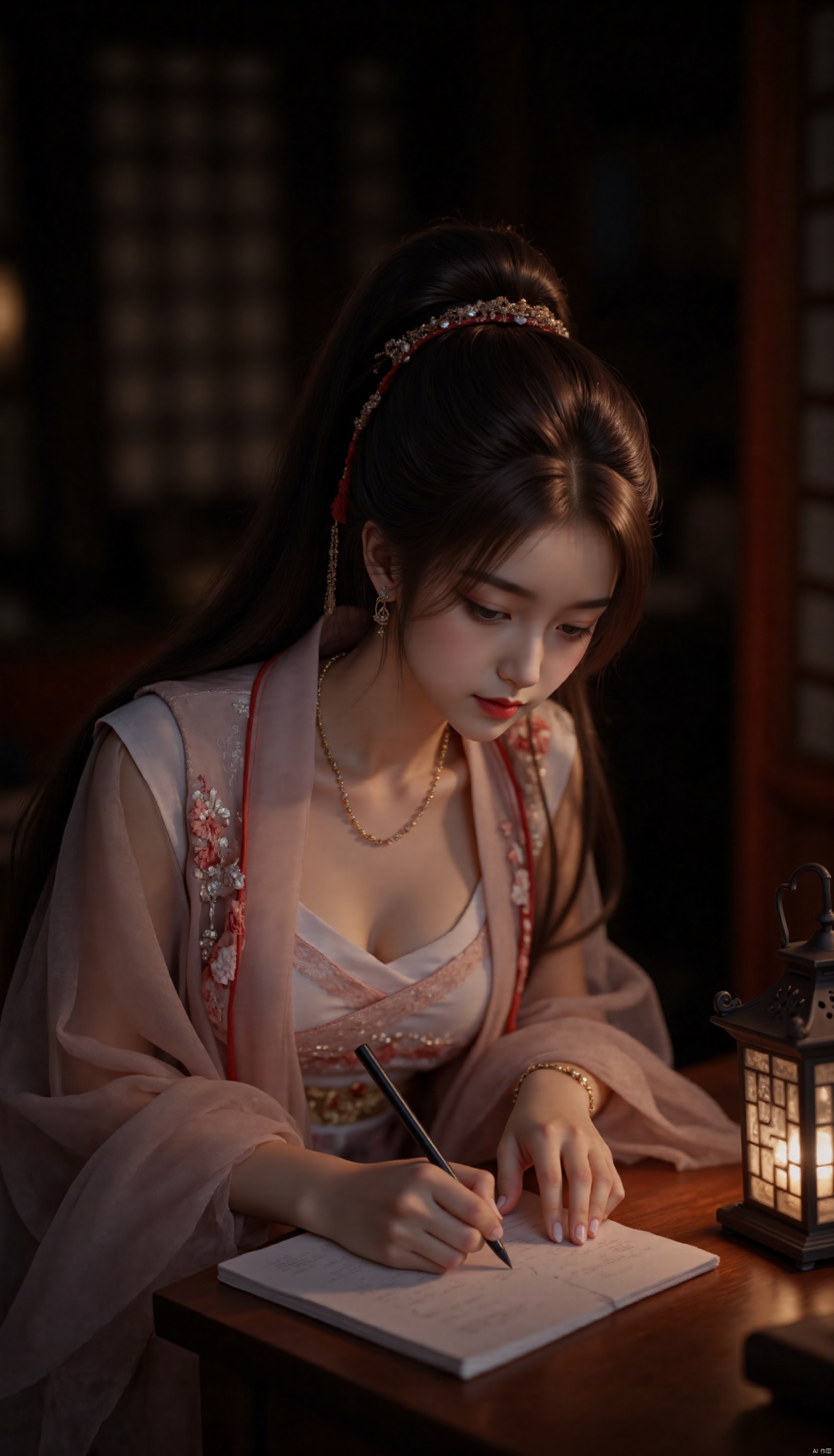An old-fashioned girl in traditional Chinese dress, writing intently in the dim light. Her long hair fell over her shoulders, revealing her elegant shoulders and cleavage. She wore delicate side-stitched clothing and a classic barrette. Beside her stood a lantern and a hair-stick, her red lips slightly parted, and she stood out.
