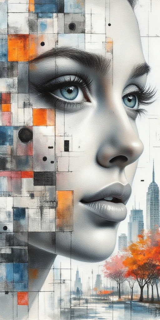 Captured from a close-up,  eye-level perspective,  a collage of a woman's face is featured in the center of the frame. The...