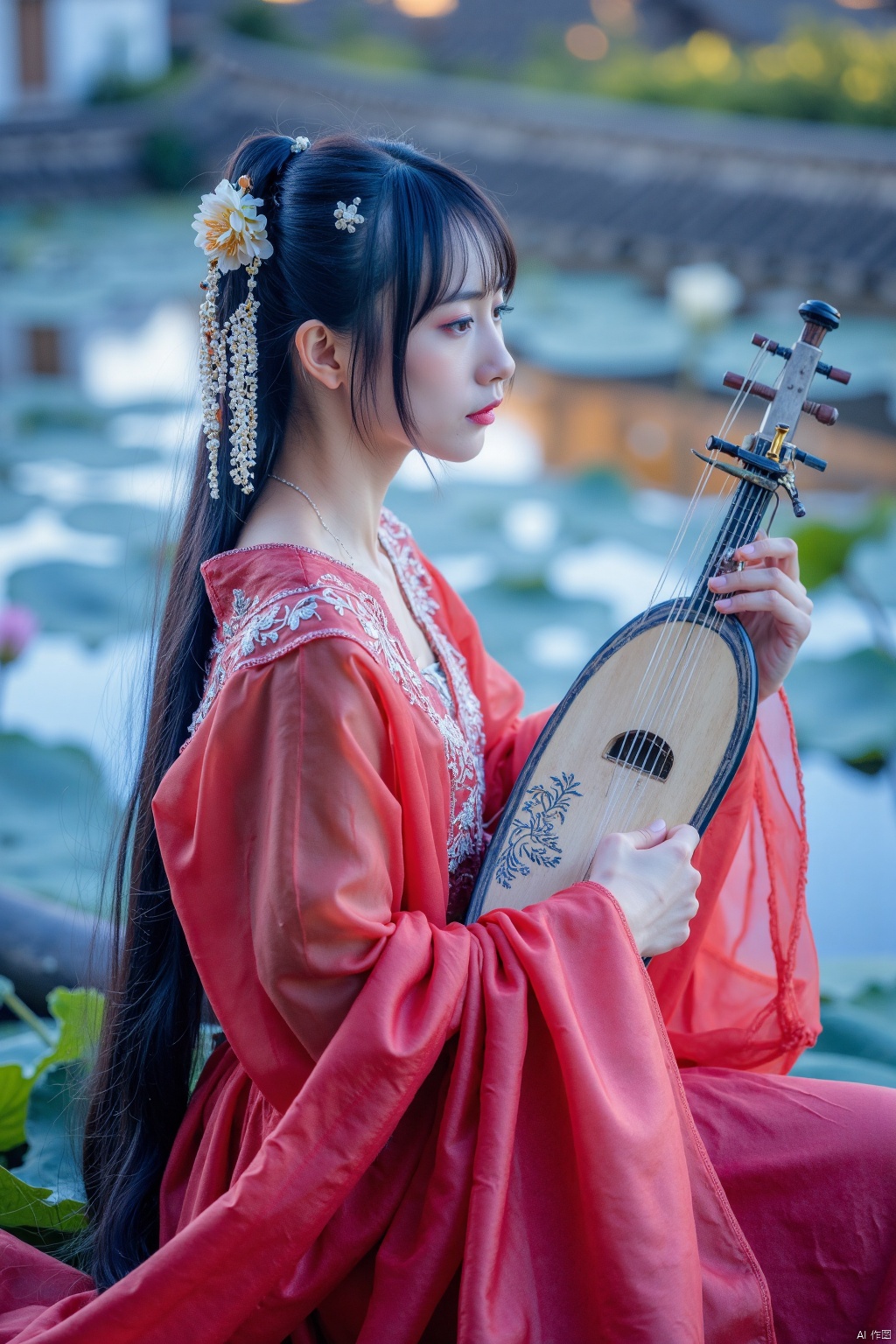 This is a high-resolution photograph capturing a serene scene of a young woman playing a traditional Chinese guqin,a seven-stringed zither,in a tranquil outdoor setting. The woman,with fair skin and long,dark hair adorned with delicate white flowers,is dressed in a flowing,red silk robe with intricate embroidery along the sleeves and neckline. The fabric appears ethereal and light,gently rippling as she holds the guqin with both hands., The background features a serene pond with rippling water reflecting the blue and purple hues of the sky,suggesting a twilight or early evening setting. Lush green lily pads and lotus flowers are visible around the edges of the pond,adding to the peaceful ambiance. The light is soft and diffused,casting a gentle glow that highlights the textures of her robe and the intricate patterns on the guqin., The image exudes a sense of calm and introspection,with the woman's focused expression and the gentle movements of her hands as she plays the instrument. The overall aesthetic is one of traditional elegance and natural beauty,capturing the essence of ancient Chinese culture and artistry.