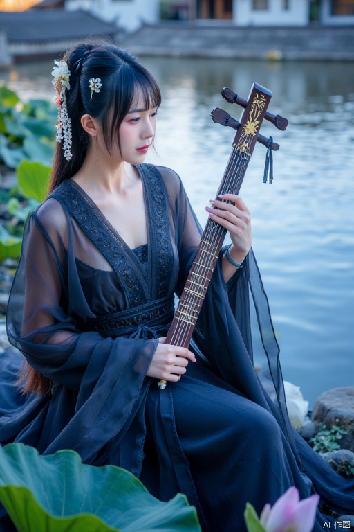 This is a high-resolution photograph capturing a serene scene of a young woman playing a traditional Chinese guqin,a seven-stringed zither,in a tranquil outdoor setting. The woman,with fair skin and long,dark hair adorned with delicate white flowers,is dressed in a flowing,black silk robe with intricate embroidery along the sleeves and neckline. The fabric appears ethereal and light,gently rippling as she holds the guqin with both hands., The background features a serene pond with rippling water reflecting the blue and purple hues of the sky,suggesting a twilight or early evening setting. Lush green lily pads and lotus flowers are visible around the edges of the pond,adding to the peaceful ambiance. The light is soft and diffused,casting a gentle glow that highlights the textures of her robe and the intricate patterns on the guqin., The image exudes a sense of calm and introspection,with the woman's focused expression and the gentle movements of her hands as she plays the instrument. The overall aesthetic is one of traditional elegance and natural beauty,capturing the essence of ancient Chinese culture and artistry.