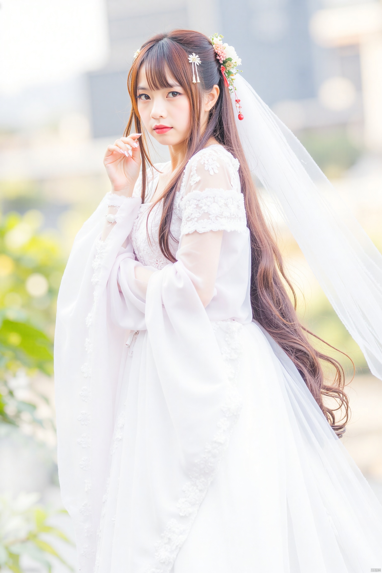 1girl, solo, long hair, brown hair, hair ornament, long sleeves, dress, standing, full body, flower, hair flower, white dress, blurry, blurry background, veil, wedding dress, bridal veil