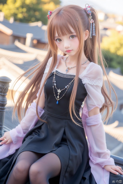 This is a high-resolution photograph capturing.1girl, solo, long hair, brown hair, dress, brown eyes, jewelry, pantyhose, outdoors, necklace, black dress, legs