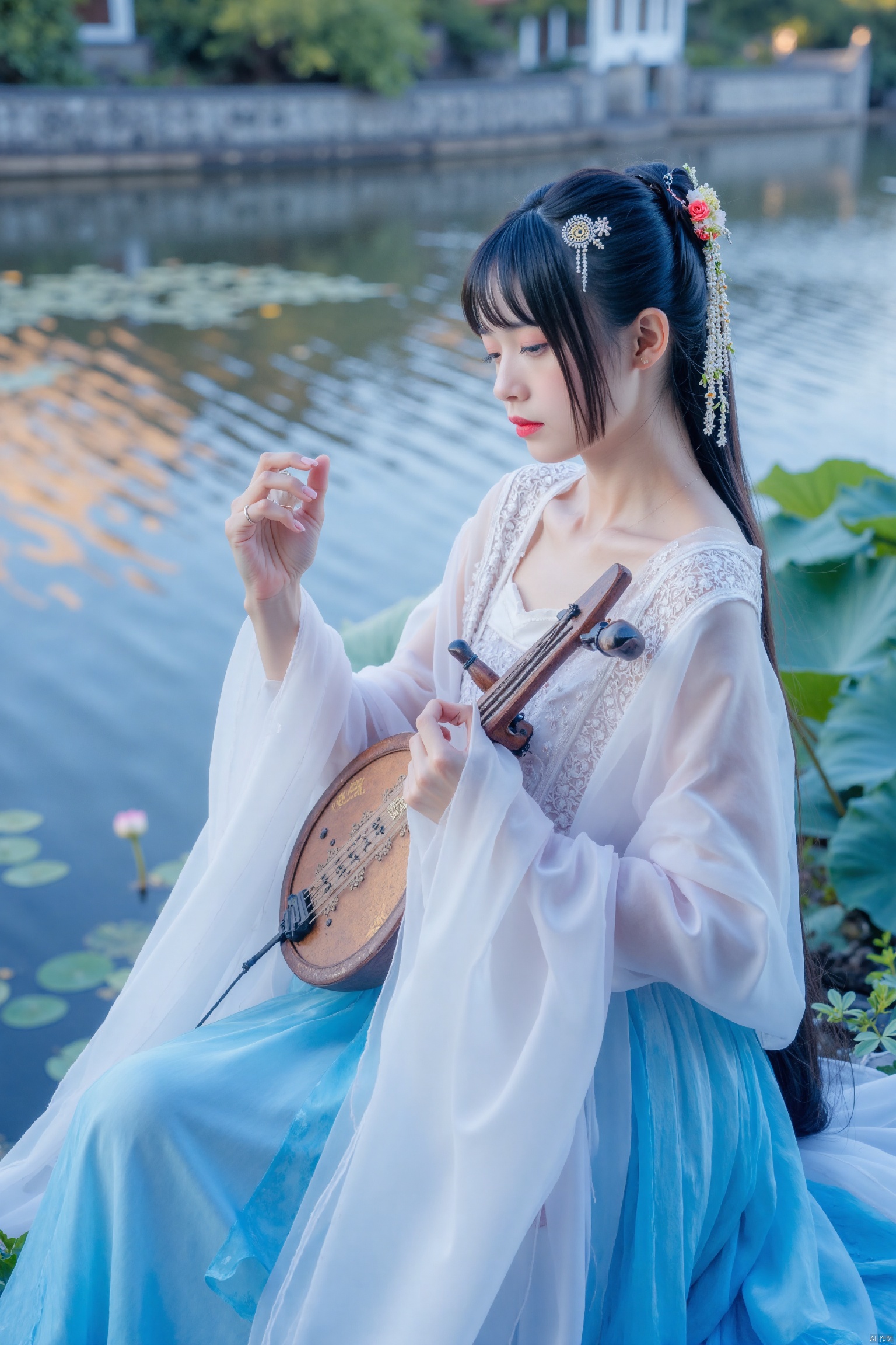 This is a high-resolution photograph capturing a serene scene of a young woman playing a traditional Chinese guqin,a seven-stringed zither,in a tranquil outdoor setting. The woman,with fair skin and long,dark hair adorned with delicate white flowers,is dressed in a flowing,pale blue silk robe with intricate embroidery along the sleeves and neckline. The fabric appears ethereal and light,gently rippling as she holds the guqin with both hands., The background features a serene pond with rippling water reflecting the blue and purple hues of the sky,suggesting a twilight or early evening setting. Lush green lily pads and lotus flowers are visible around the edges of the pond,adding to the peaceful ambiance. The light is soft and diffused,casting a gentle glow that highlights the textures of her robe and the intricate patterns on the guqin., The image exudes a sense of calm and introspection,with the woman's focused expression and the gentle movements of her hands as she plays the instrument. The overall aesthetic is one of traditional elegance and natural beauty,capturing the essence of ancient Chinese culture and artistry.