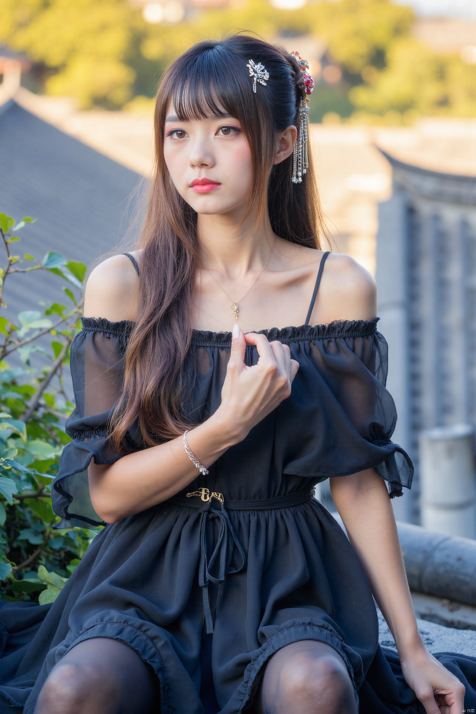 This is a high-resolution photograph capturing,realistic,shiny skin,shiny,Shiny,1girl, solo, long hair, brown hair, dress, brown eyes, jewelry, pantyhose, outdoors, necklace, black dress, legs