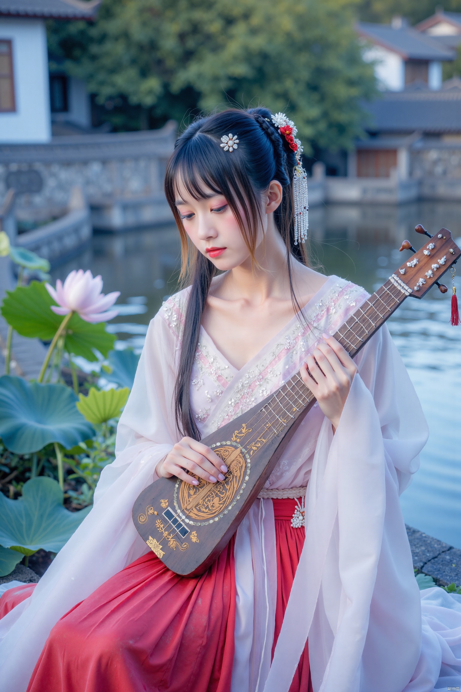 This is a high-resolution photograph capturing a serene scene of a young woman playing a traditional Chinese guqin,a seven-stringed zither,in a tranquil outdoor setting. The woman,with fair skin and long,dark hair adorned with delicate white flowers,is dressed in a flowing,pale red silk robe with intricate embroidery along the sleeves and neckline. The fabric appears ethereal and light,gently rippling as she holds the guqin with both hands., The background features a serene pond with rippling water reflecting the blue and purple hues of the sky,suggesting a twilight or early evening setting. Lush green lily pads and lotus flowers are visible around the edges of the pond,adding to the peaceful ambiance. The light is soft and diffused,casting a gentle glow that highlights the textures of her robe and the intricate patterns on the guqin., The image exudes a sense of calm and introspection,with the woman's focused expression and the gentle movements of her hands as she plays the instrument. The overall aesthetic is one of traditional elegance and natural beauty,capturing the essence of ancient Chinese culture and artistry.