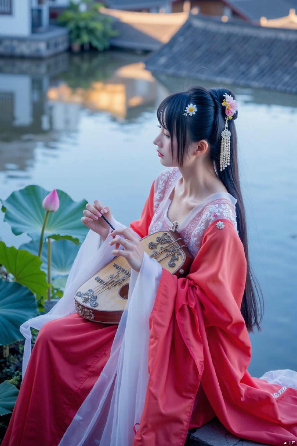This is a high-resolution photograph capturing a serene scene of a young woman playing a traditional Chinese guqin,a seven-stringed zither,in a tranquil outdoor setting. The woman,with fair skin and long,dark hair adorned with delicate white flowers,is dressed in a flowing,red silk robe with intricate embroidery along the sleeves and neckline. The fabric appears ethereal and light,gently rippling as she holds the guqin with both hands., The background features a serene pond with rippling water reflecting the blue and purple hues of the sky,suggesting a twilight or early evening setting. Lush green lily pads and lotus flowers are visible around the edges of the pond,adding to the peaceful ambiance. The light is soft and diffused,casting a gentle glow that highlights the textures of her robe and the intricate patterns on the guqin., The image exudes a sense of calm and introspection,with the woman's focused expression and the gentle movements of her hands as she plays the instrument. The overall aesthetic is one of traditional elegance and natural beauty,capturing the essence of ancient Chinese culture and artistry.