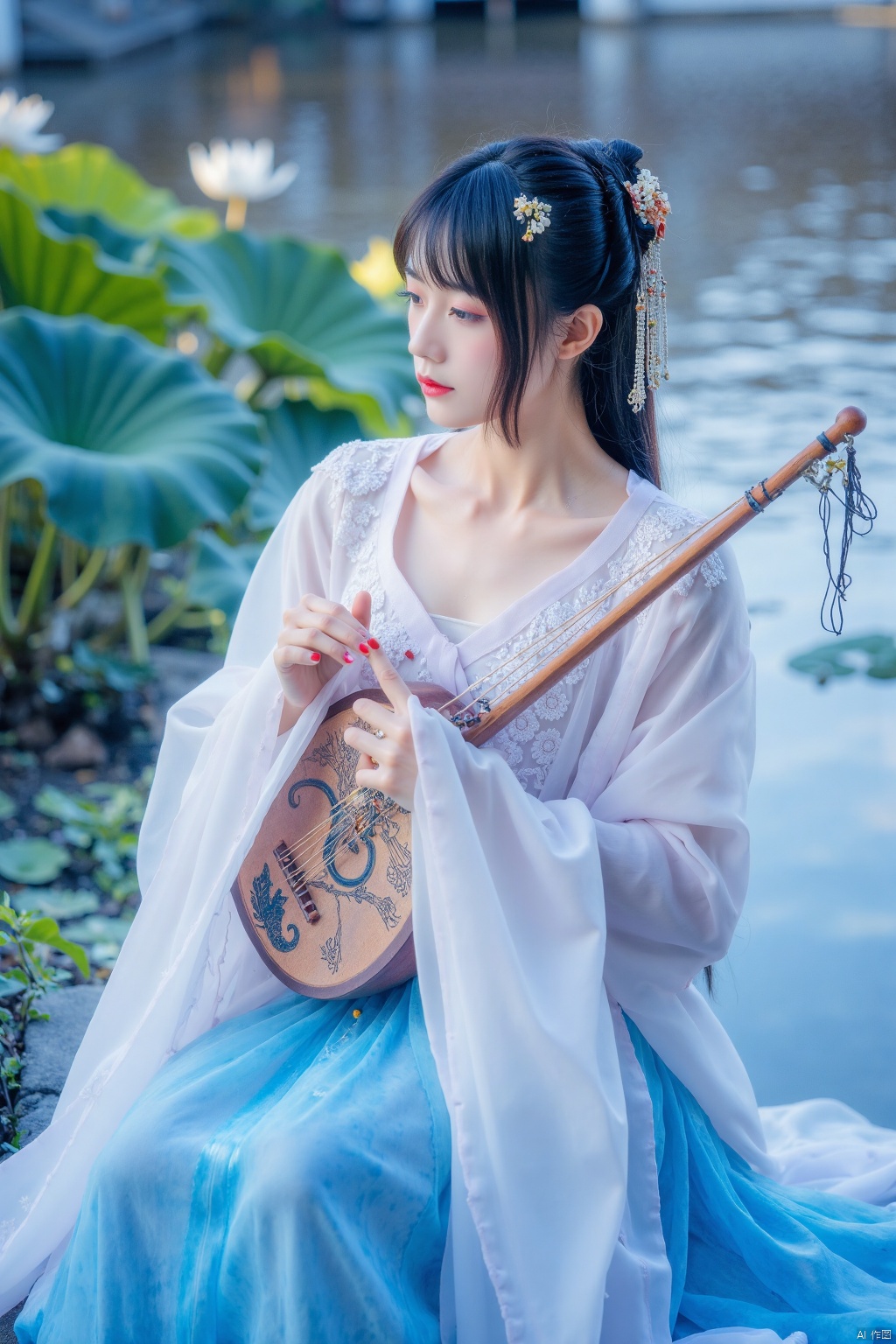 This is a high-resolution photograph capturing a serene scene of a young woman playing a traditional Chinese guqin,a seven-stringed zither,in a tranquil outdoor setting. The woman,with fair skin and long,dark hair adorned with delicate white flowers,is dressed in a flowing,pale blue silk robe with intricate embroidery along the sleeves and neckline. The fabric appears ethereal and light,gently rippling as she holds the guqin with both hands., The background features a serene pond with rippling water reflecting the blue and purple hues of the sky,suggesting a twilight or early evening setting. Lush green lily pads and lotus flowers are visible around the edges of the pond,adding to the peaceful ambiance. The light is soft and diffused,casting a gentle glow that highlights the textures of her robe and the intricate patterns on the guqin., The image exudes a sense of calm and introspection,with the woman's focused expression and the gentle movements of her hands as she plays the instrument. The overall aesthetic is one of traditional elegance and natural beauty,capturing the essence of ancient Chinese culture and artistry.