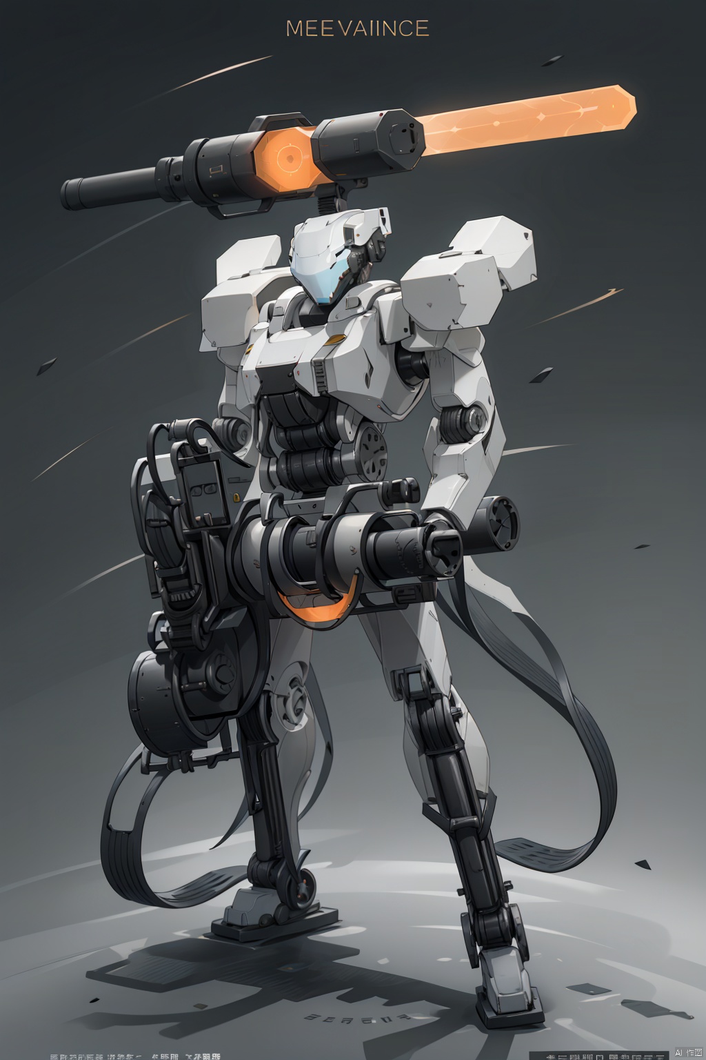 weapon, grey background, english text, gradient, gun, gradient background, no humans, robot, mecha, science fiction, gatling gun