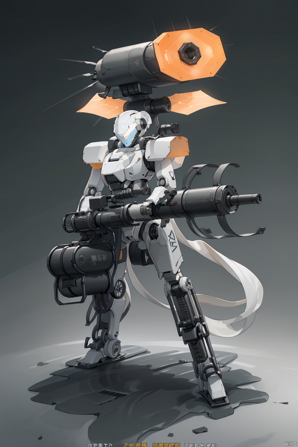 weapon, grey background, english text, gradient, gun, gradient background, no humans, robot, mecha, science fiction, gatling gun