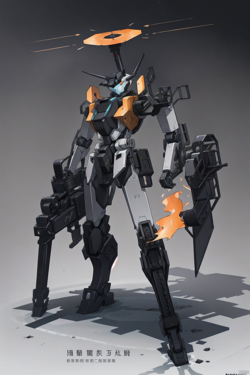 weapon, grey background, english text, gradient, gun, gradient background, no humans, robot, mecha, science fiction, gatling gun