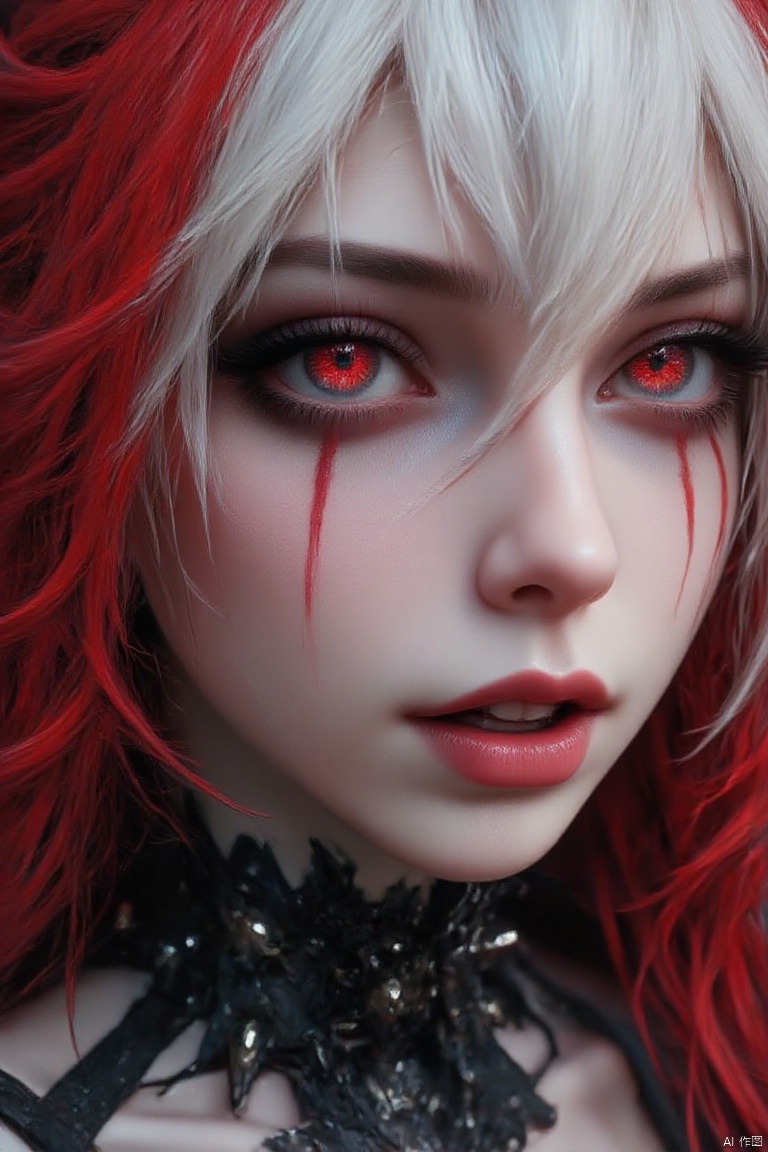 Masterpiece, best quality, amazing quality, very aesthetic, latest, high resolution, 8k, ((perfect_eye)), 1 girl, solo, ((white hair)), (strong red eye), close face, (fangs), (20 years old), (a girl), looking at the audience, enlarged eyes, two-tone red dyed hair, Large spiky collar, realistic, figure representation, (face only), (upper body), detailed eyes