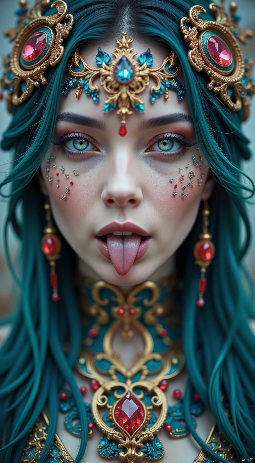 
fashion shoot, perfect zoomed-in closeup portraiture, beautiful chinese goddess,((light indigo hair)) perfect sweet face and glowing blue eyes, open mouth playful tongue, sensational alluring expression, multicolor peacock feather jewellery, teal smoky, smokes, smoky trail, Miki Asai Macro photography, long flowing teal and pink hair, Fantastic Realism and Sharp Focus, Mysterious fantasy Filigree Elements, filigree red drops, futuristic vibrant filigree multicolored jewellery, veiled chantilly lace, Glowing Accents, fantasy art, golden natural appearance, symmetrical, glowing gems, sci-fi jewellery
