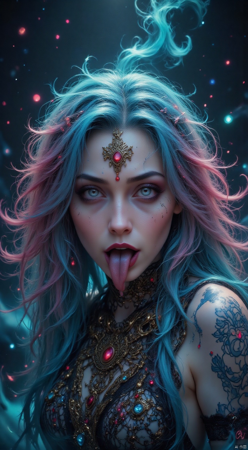 
fashion shoot, perfect zoomed-in closeup portraiture, beautiful chinese goddess,((light indigo hair)) perfect sweet face and glowing blue eyes, open mouth playful tongue, sensational alluring expression, multicolor peacock feather jewellery, teal smoky, smokes, smoky trail, Miki Asai Macro photography, long flowing teal and pink hair, Fantastic Realism and Sharp Focus, Mysterious fantasy Filigree Elements, filigree red drops, futuristic vibrant filigree multicolored jewellery, veiled chantilly lace, Glowing Accents, fantasy art, golden natural appearance, symmetrical, glowing gems, sci-fi jewellery