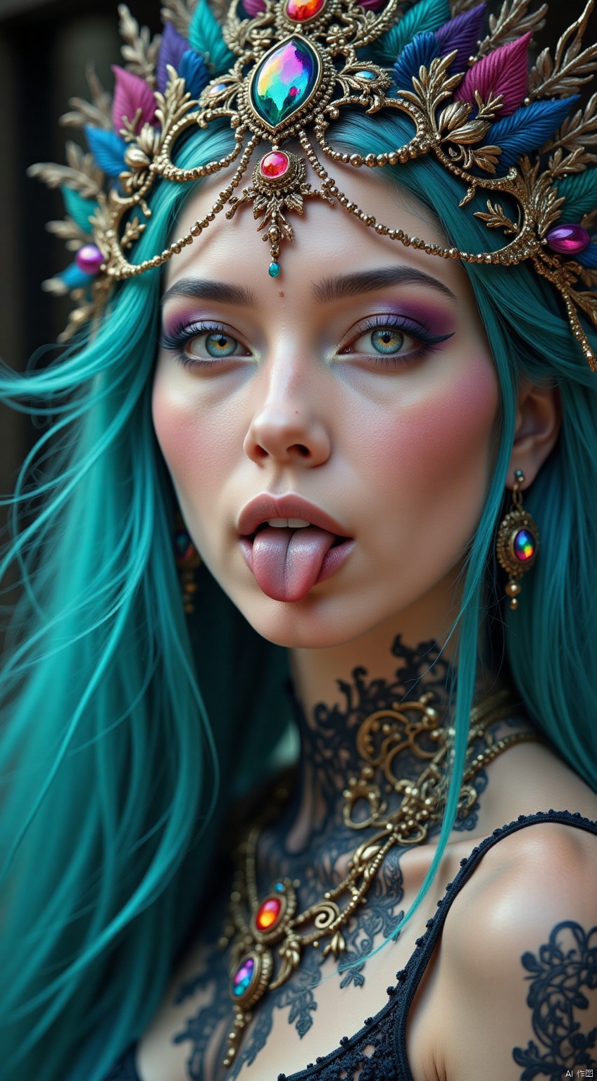 
fashion shoot, perfect zoomed-in closeup portraiture, beautiful chinese goddess,((light indigo hair)) perfect sweet face and glowing blue eyes, open mouth playful tongue, sensational alluring expression, multicolor peacock feather jewellery, teal smoky, smokes, smoky trail, Miki Asai Macro photography, long flowing teal and pink hair, Fantastic Realism and Sharp Focus, Mysterious fantasy Filigree Elements, filigree red drops, futuristic vibrant filigree multicolored jewellery, veiled chantilly lace, Glowing Accents, fantasy art, golden natural appearance, symmetrical, glowing gems, sci-fi jewellery