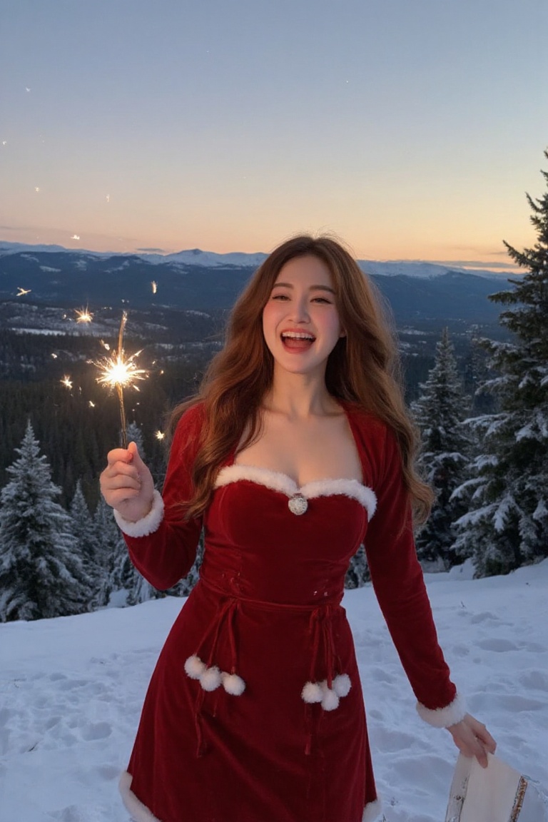 A jubilant woman in a velvet santadress stands on a snowy hilltop,  her long auburn hair cascading in waves. She playfully...