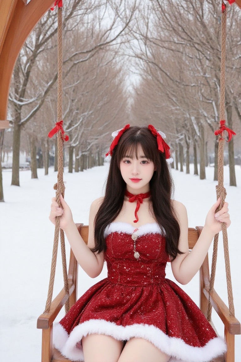 A youthful woman in a sparkly santadress sits on a wooden swing in a snowy park,  her straight black hair adorned with red...