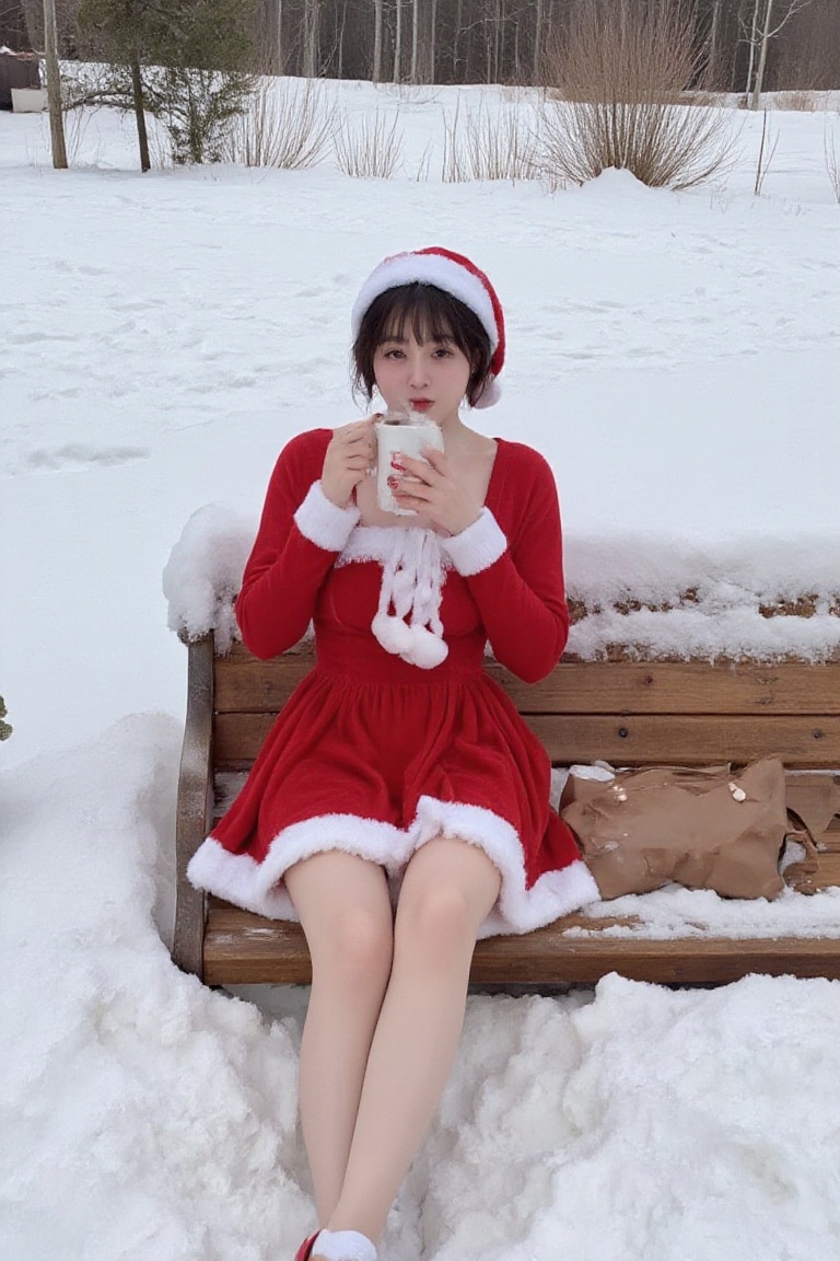A playful woman in a santadress sits cross-legged on a snowy bench,  her short black hair covered by a Santa hat. She hold...