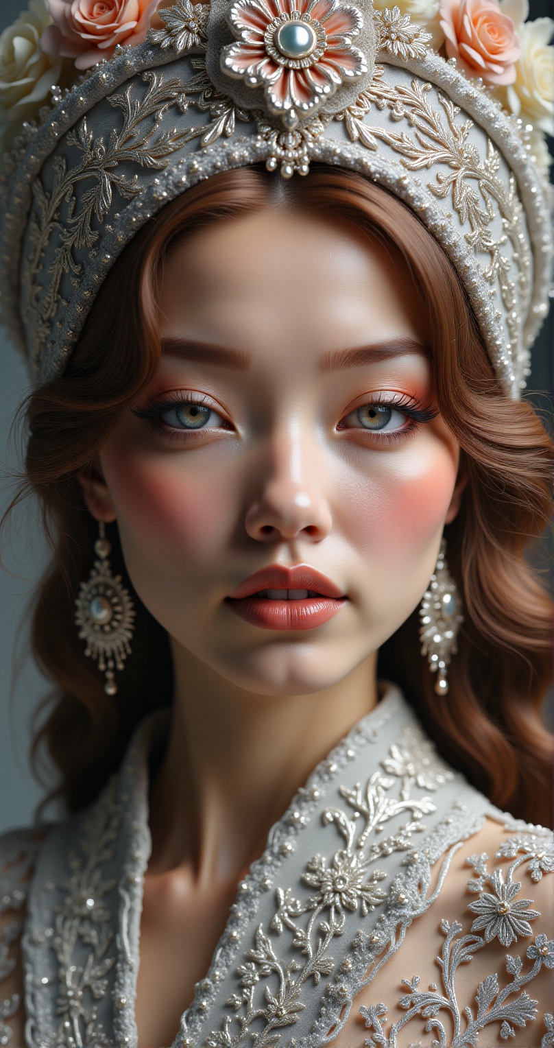 Charming brown-haired,  gray and silver shades,  rich embroidered turban on Tensor.Art