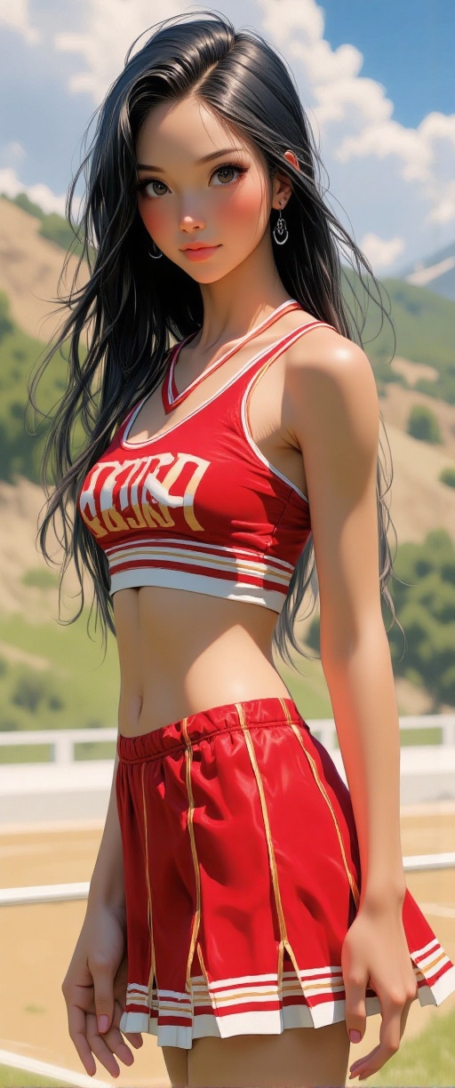 A detailed photorealistic depiction of a cute Japanese girl wearing a vibrant cheerleader uniform. Her outfit is a classic...