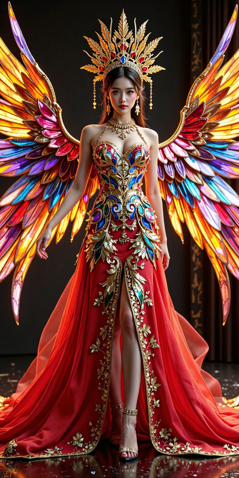 ZOZ_XUANHUAN
a woman is wearing a colorful, mirrored wings dress, in the style of global illumination, life-like avian illustrations, new british sculpture, unreal engine 5, stained-glass, light gold and red, high speed film